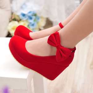 新品春秋季厚底红色结婚鞋女高跟单鞋新娘鞋坡跟婚礼鞋孕妇红鞋子
