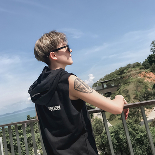 夏季林弯弯les帅t韩版休闲连帽无袖t恤双面穿时尚青少年学生男潮t