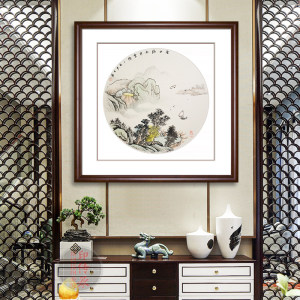 圆形山水画纯手绘装饰挂画斗方水墨国画客厅壁画包间真迹玄关带框