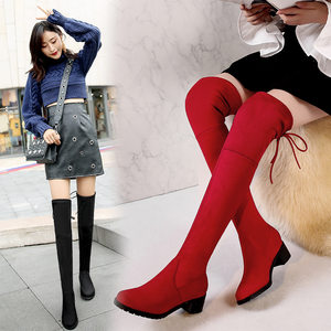秋冬季大东女靴子加绒保暖弹力过膝靴大红色长桶靴潮流 span class=h>