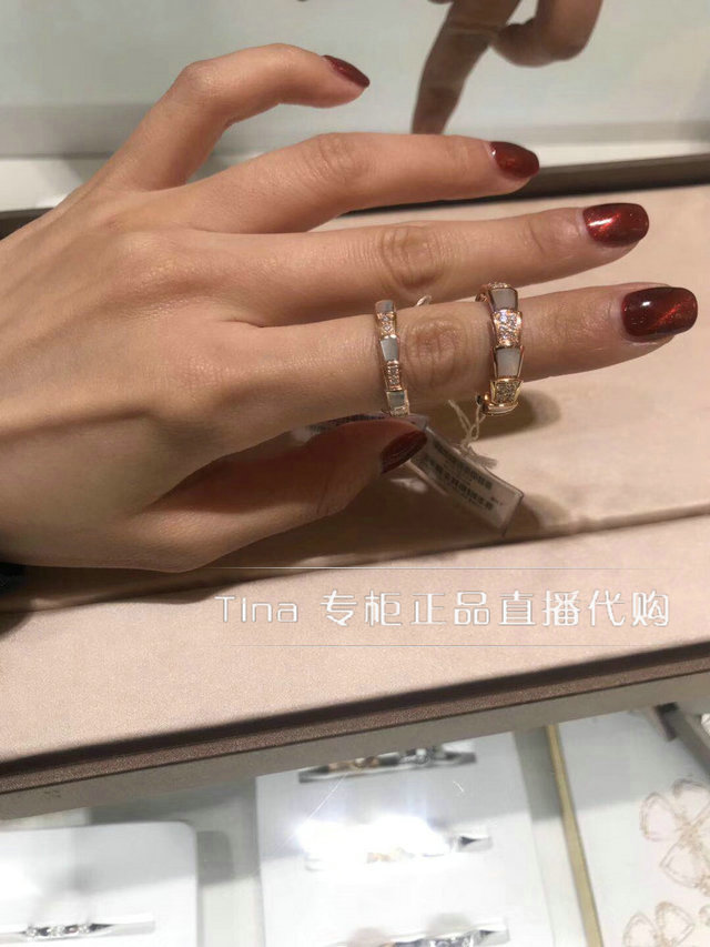 正品代购Bvlgari/宝格丽18k玫瑰金蛇形单环戒指无满钻白贝母婚戒