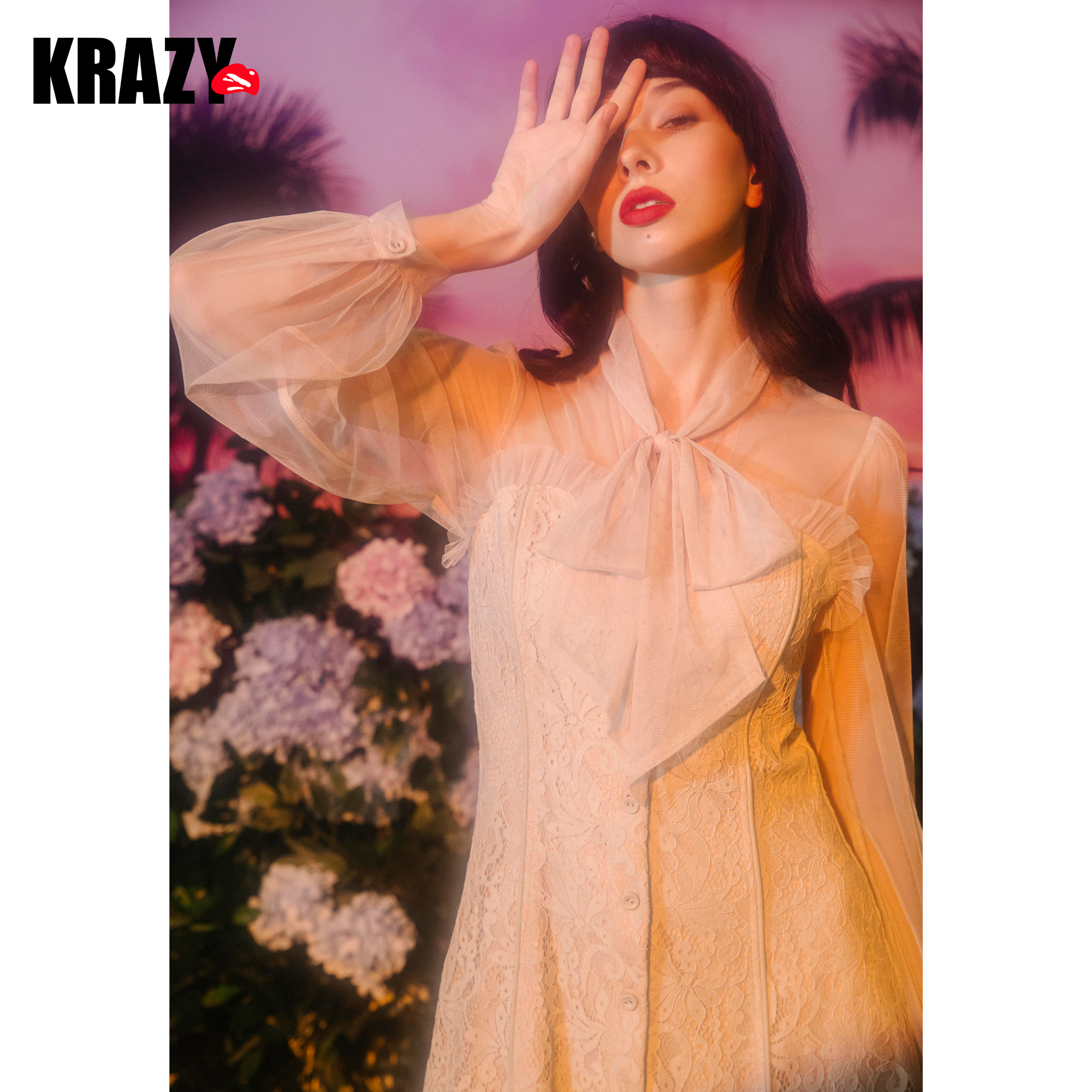 Krazy2018新款 收腰立体剪裁蝴蝶结精美蕾丝连衣裙洋装小礼服