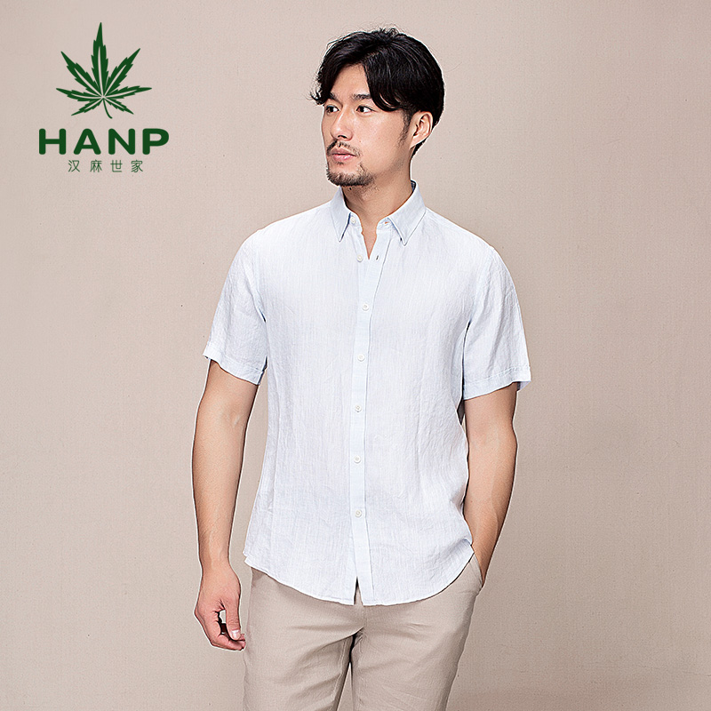 Hanp/汉麻世家短袖男修身衬衣男休闲衬衫浅蓝色时尚都市薄款纯色