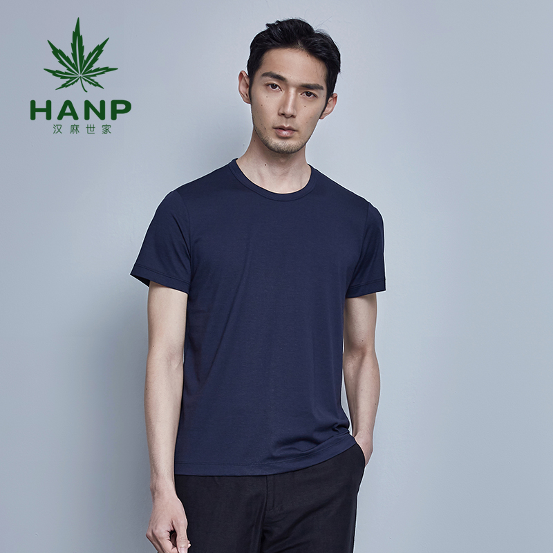 Hanp/汉麻世家藏青色修身短袖T恤男装休闲上衣棉体恤春夏新品