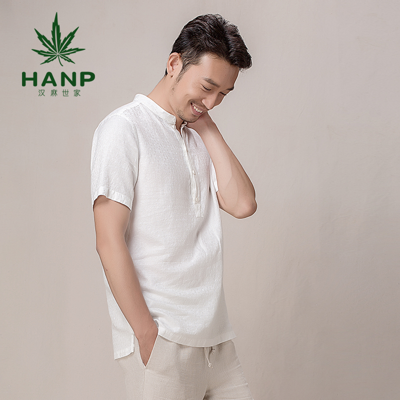 清仓限量 Hanp/汉麻世家短袖男宽松舒适透气套头衬衣真丝衬衫