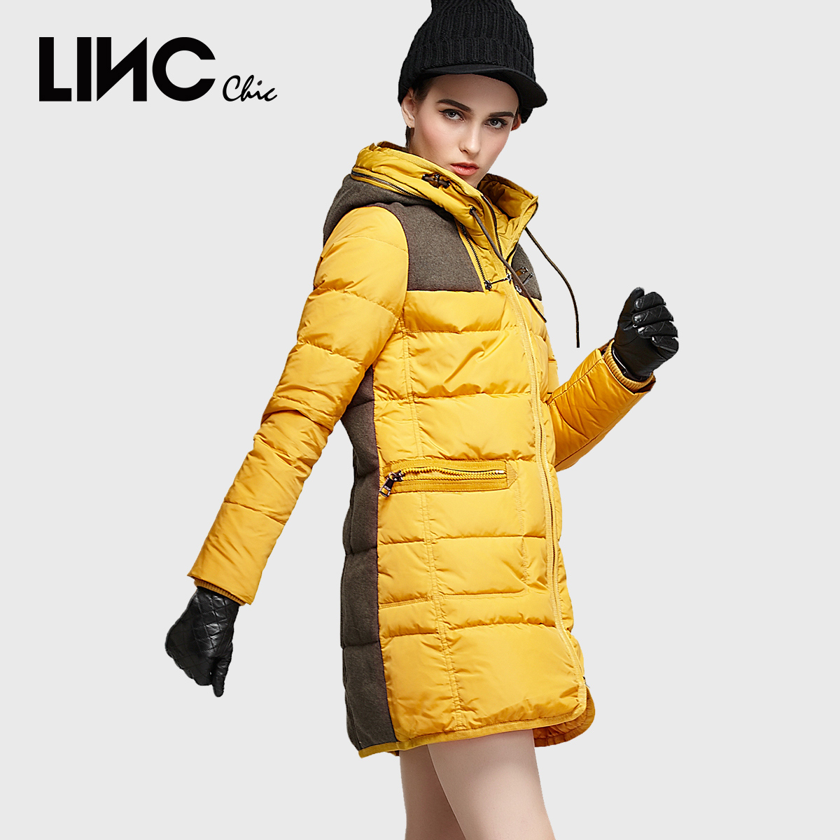 LINC 金羽杰羽绒服 秋冬撞色拼接时尚连帽中长款羽绒服女韩版外套