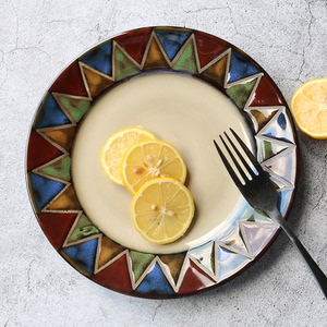 个性手绘窑变家用陶瓷菜盘子西餐盘牛排盘复古欧式沙拉盘碟子餐具