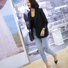 黑色外th女春秋韩款sd风一粒扣休闲(小)通勤网红外套女