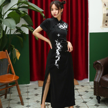 中国风tp轻少女日常ld新复古黑色性感龙纹刺绣长式旗袍酷