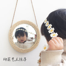 北欧风ua编太阳花镜nt饰镜东南亚墙壁挂ins装饰镜圆形镜挂毯