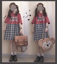 @自制ub跳舞的(小)柴m1可爱复古(小)清新格子拼接宽松连衣裙少女夏