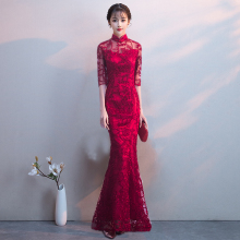 鱼尾新vc敬酒服20ux式红色蕾丝气质长式修身中式结婚旗袍礼服女
