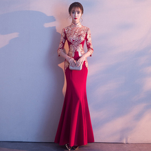 中式新vc敬酒服20ux式旗袍长式鱼尾修身结婚红色礼服裙女中国风
