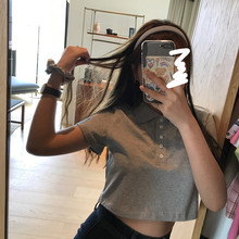 王少女ve店 短式上vj韩款短袖高腰露脐bm风宽松白色polo领t恤