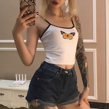 欧美吊vw背心insnb季蝴蝶印花T恤性感露背修身百搭露脐上衣潮