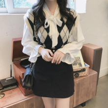 chiwa针织马甲女ga穿韩款学院风套头格子v领毛衣(小)背心外搭秋
