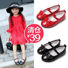 童鞋女wa皮鞋春秋儿ji黑色学生演出鞋红色豆豆鞋(小)女孩公主鞋