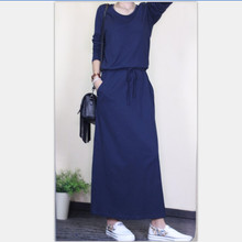 202wa春秋季纯色yj袖连衣裙收腰休闲显瘦宽松条纹大码长裙女