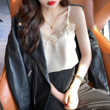 真丝(小)wg带背心女夏l8搭白色宽松蕾丝无袖性感上衣外穿