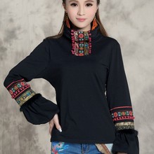 【天天wg价】SY民qq冬复古女装高领绣花t恤灯笼袖打底衫大码