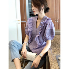 香芋紫wh上衣女泡泡yq短袖大款衬衫女装短式宽松秋2020夏欧货