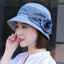 帽子女wk秋天盆帽韩wc妈妈帽薄式时尚花朵优雅(小)沿帽田园布帽
