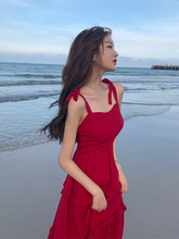沙滩裙wm超仙三亚旅sf(小)个子海边度假长裙红色吊带连衣裙子夏