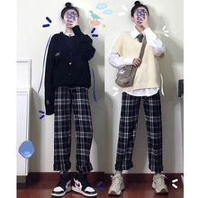 善狼恒wo黑白格子裤ia松直筒垂感高腰夏季薄式休闲拖地
