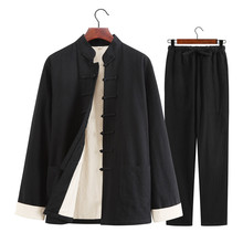 中国风wo装男士长袖an装中老年青年春秋冬季汉服盘扣居士服