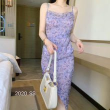 202wp新式亮丝印ef碎花连衣裙女夏气质仙女chic修身吊带中长裙