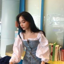 LINwq2021年ke子网红气质拼接牛仔时尚露肩洋气假两件套连衣裙