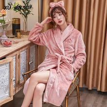 睡袍女ww秋冬季珊瑚kt加绒长式大码浴袍睡衣冬天法兰绒家居服