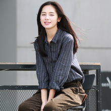 谷家 ww文艺复古条kt衬衣女 2021春秋季新式宽松色织亚麻衬衫