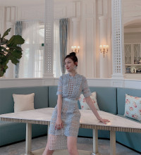 立领女wy 2019bk众度假裙SP新品镂空高腰(小)礼服蓝