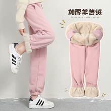 冬季运xe裤女加绒宽cy高腰休闲长裤灯笼裤收口卫裤加厚羊羔绒