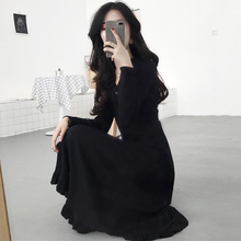 春秋新xe女装V领连cy修身收腰木耳边A字气质显瘦打底中长裙子