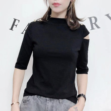 202xi半高领漏肩dp修身t恤休闲潮流性感心机高领五分袖女新式