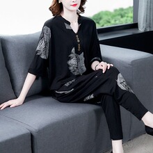 秋季真xn套装女装职rc太棉麻两件套减龄妈妈洋气休闲时尚夏装