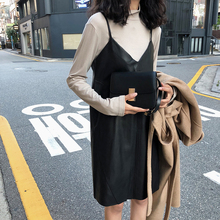 A7sxpven 气whPU皮吊带连衣裙女秋季韩款百搭宽松中长式背带裙
