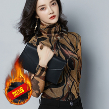 秋冬加xs亮丝上衣印ys衫高领女式T恤内搭网纱洋气(小)衫妈妈装