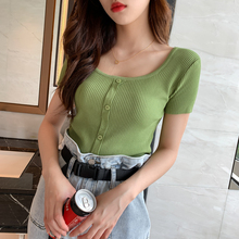 201yc夏装新式方px针织短袖打底衫短式红色上衣夏季修身t恤女