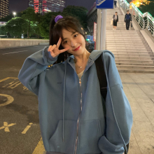 春秋长yc韩款202px雾霾蓝宽松卫衣拉链外套女装chic上衣潮ins