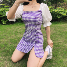 法式宫yn复古泡泡袖wl子连衣裙女修身显瘦侧开叉盘扣短裙