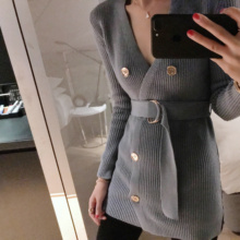 13宜yq清仓特价!rx行的雾霾蓝~~ 双排金扣羊毛针织连衣裙女