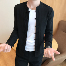 衬衫男yq国风长袖亚wd衬衣棉麻纯色中式复古大码宽松上衣外套
