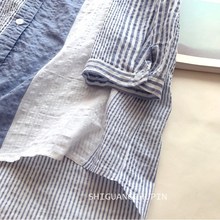 夏季通ys风竖条纹衬fy松立领气质棉麻蓝白条衬衫女七分袖韩范