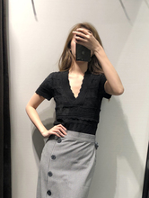 外贸女yu 西班牙单iu品修身显瘦蕾丝镂空V领短袖针织衫打底衫