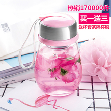 玻璃杯yw携可爱水杯cc明学生杯子韩国企鹅随手杯女带盖