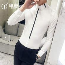网红痞za条纹寸衣很ou衫男长袖韩款修身帅气潮男发型师白短袖