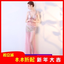 性感透za深V领钻饰pe连衣裙仙女夜店演出服高开叉长式晚礼服